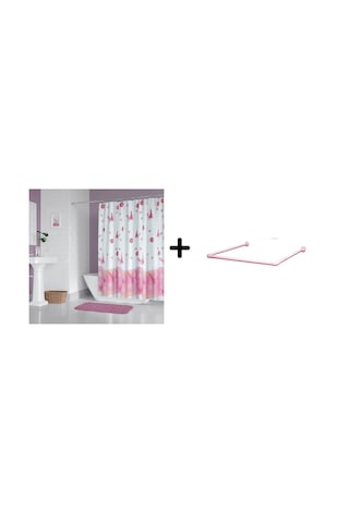 Banyo Perdesi 6020 1x180x200, Perde Borusu Askı Aparatı Köşe Boru Pembe Hediyeli, Duş Perdesi Seti Pembe