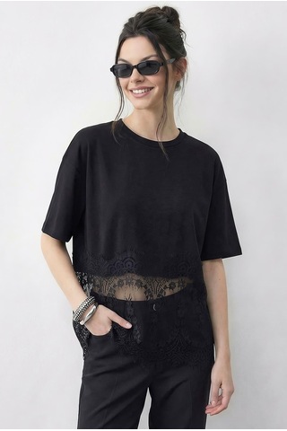 Shade Kadın Bisiklet Yaka Dantel Detaylı Rahat Kalıp T-shirt 1074 60286064 - Siyah