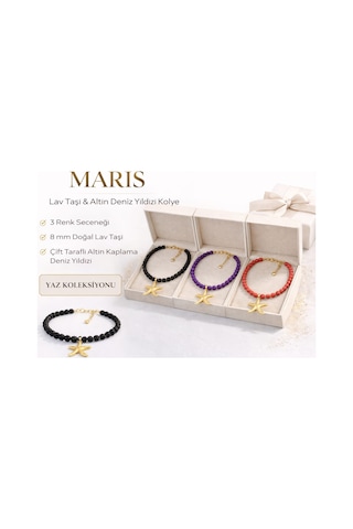 Maris Lav Taşı & Altın Deniz Yıldızı Kolye Mor Siyah Kırmızı