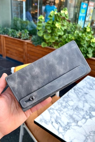 Montana Unisex Gri Hakiki Deri Manyetik Telefon Cüzdanı - Isim'e Özel Baskı Sevgililer Günü Hediyesi Gri
