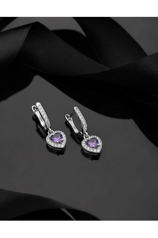 925 Ayar Ametist Taşlı Rodyum Pırlanta Işıltılı Sallantılı Kalp Gümüş Küpe Gümüş