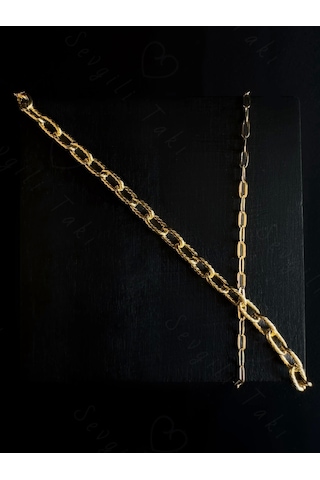 Sevgili Takı İkili Paperclip Ataş Gold Çelik Zincir Bileklik Metoo Serisi Gold