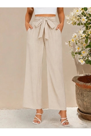 DefyModa Kadın Yüksek Bel Lastikli Bağcıklı Uzun Geniş Kesim Detaylı Krinkıl Pantolon Bej