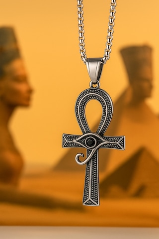 Antik Eskitme Çelik Siyah Zirkon Taş Detaylı Eye Of Horus Kolye Gümüş