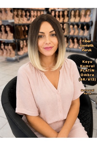 Koyu Kumral Platin Ombre Kısa Fiber Sentetik Peruk