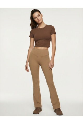 Koton Yüksek Bel Dikiş Detaylı İnterlok Slim Fit İspanyol Paça Spor Tayt Vizon 6wak40140nk 02x