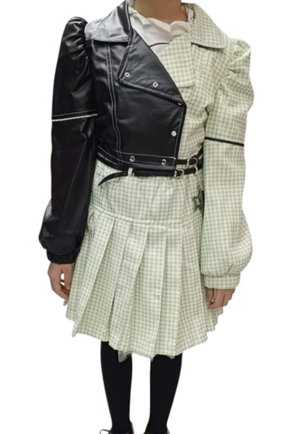 Kız Çocuk Deri Detaylı Yeşil Renk Üçlü Etekli Takım Yeşil