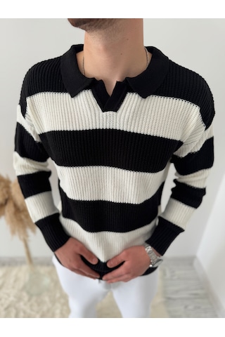 Say-Has Fashion Rahat Kalıp Erkek Polo Yaka Çizgili Triko Kazak Siyah