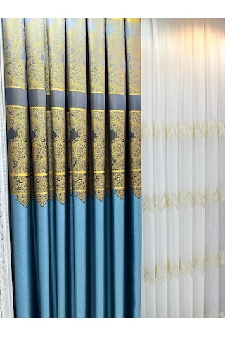 Nivemeshome Milas Turkuaz-gold 671539 1/3 Sık Pileli Fon Perde Apm Turkuaz-gold