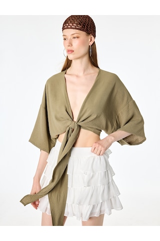 Koton Kısa Kollu Kruvaze Yaka Bağlamalı Crop Oversize Kimono Haki 6sal50004ıw