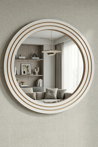 Antik Ahşap Beyaz Dekoratif Ayna Banyo Lavabo Aynası Yuvarlak Ayna Duvar Aynası 55x69 Byz-103