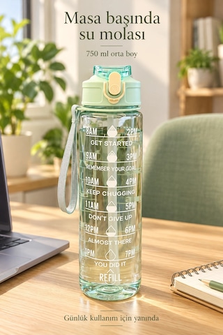 Madamev 3lü Motivasyonel Suluk Matara Seti 2000+750+280ml Pipetli Sticker Askılı Spor Okul Su Şişesi Çok Renkli