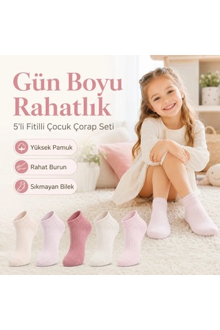 Womanandkids Wak 5 Li Fitilli Kız Çocuk Çorap Seti Pamuklu Rahat Burunlu Sıkmayan Bilek Pastel Renkli Çok Renkli 5li