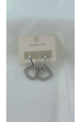 Kadın Zirkon Taşlı Tasarım Kalp Küpe Gümüş Renk Gümüş