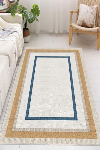 Modern Çerçeve Desenli Dekoratif Kaymaz Taban Yıkanabilir Salon Halısı Altın