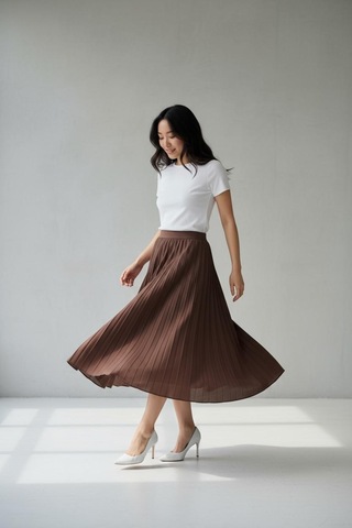 Pileli Pamuklu Dokuma Viskon Kışlık Etek 95 Cm - 38-48 Kahverengi