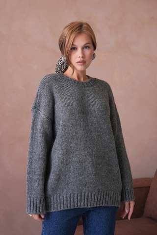 Kadın Bisiklet Yaka Yumuşak Dokulu Oversize Triko Kazak 3032 Antrasit