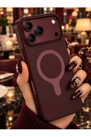 Apple Uyumlu iPhone 18 Pro /17 Pro Uyumlu Magsafe Burgundy-bordo Velora Kılıf Mat Silikon 2mm Kamera Korumalı Wireless Şarj Destekli Premium Kılıf-kapak Burgonya-kırmızı