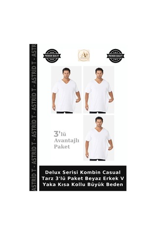 Astrid T Delux Serisi Kombin Casual Tarz 3'lü Paket Beyaz Erkek V Yaka Kısa Kollu Büyük Beden Beyaz-3