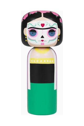 Lucie Kaas Kokeshi Frida Dia De Los Muertos Ahşap Figür, El Yapımı Koleksiyon Parçası 14,5 Cm Dekoratif Taşlar Renkli