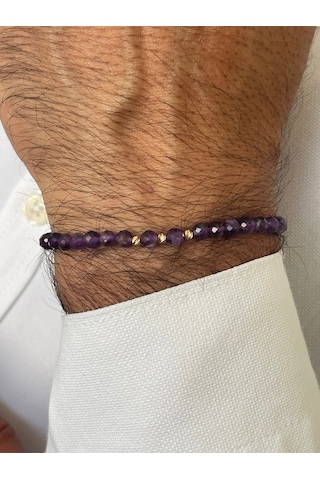 14 Ayar Altın Dorika Detaylı Doğal Amatis Taşlı Unisex Altın Bileklik Altın