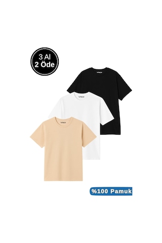 Rich Erkek 3'lü Paket Siyah-beyaz-bej %100 Pamuk Oversize Tişört Basic Bisiklet Yaka Kısa Kollu T-shirt Bej