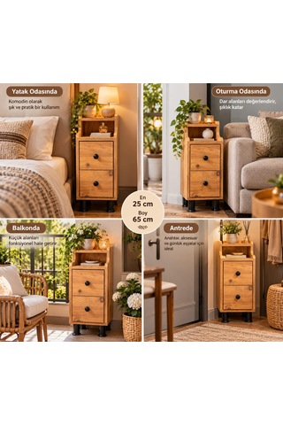 Çok Amaçlı Modern Yan Sehpa Organizer Yatak Odası Komodin 25cm Ahşap Görünümlü Ev Tamamlayıcı Çam