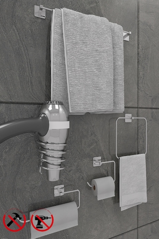 Alper Banyo Scilla Kare Krom Yapışkanlı 5'li Set - Kağıtlık Solo Hav. Kare Havluluk Uzun Havluluk Kare Fön Mak. Askısı Krom