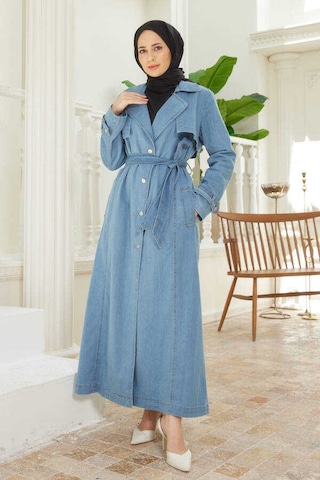 Neways 6458-Battal Allerli Denim Trençkot Mavi Mavi