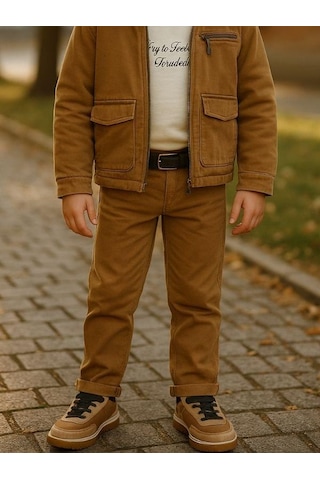 Zekids Erkek Çocuk Yumuşak Dokulu Kemerli Kanvas Pantolon-16326 Camel