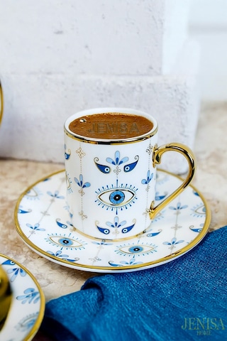Altın Yaldızlı Nazar Göz Desenli 6 Kişilik Porselen Fincan Takımı 12 Parça Şık Sunum Seti Evil Eye Desenli