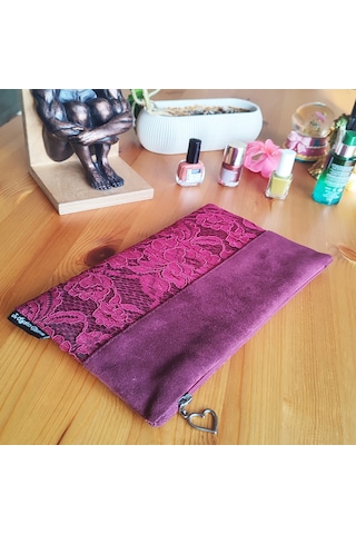Ju Yaratıcı Tasarım Kadın Portföy & Clutch Çanta Süet Dantel Bordo