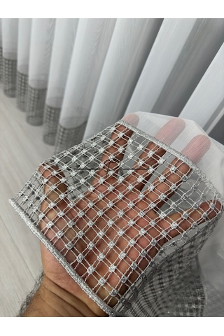 Tül Perde Etek Aplike Eritme Bertu Desen Gri İşleme Ekru