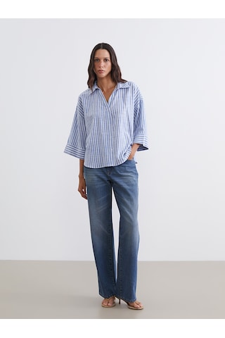 Lcw Vision Mavi Çizgili Oversize Poplin Kadın Gömlek