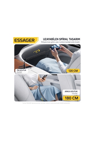 Essager Pd29w 3a Type-c To Lightning Spiral Hızlı Şarj Ve Data Kablosu L Örgülü Esnek Araç İçi Apple iPhone Uyumlu Şarj Kablosu