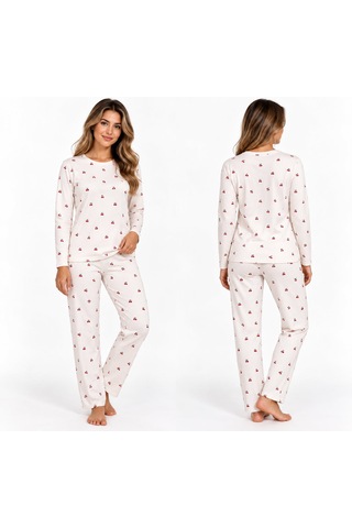 Pijama Denizi Pijama Partisi Kirazlı Pijama Takımı Kadın Açık Krem