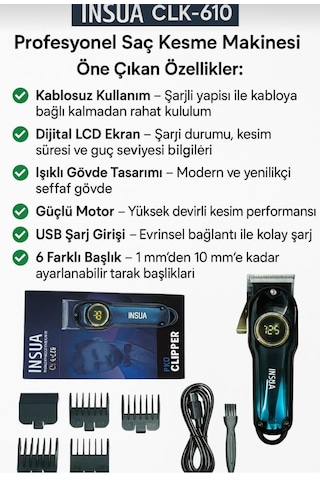 Insua Hk 610 Profesyonel Dijital Saç Sakal Kesim Tıraş Makinesi Kuaförlerin Tercihi