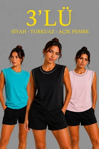 Efnaz Style 3 Lü Kolsuz Sporcu Atlet Seti Yazlık Bisiklet Yaka - Siyah, Turkuaz, Pembe Çok Renkli