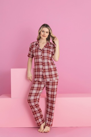 Medinenur Bordo Ekose Desenli Milan Örme Kısa Kol Düğmeli Pijama Takımı