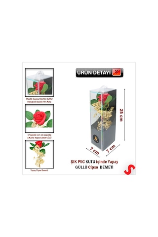 Pvc Kutulu Cipsolu Yapay Kırmızı Gül - 25cm X 7cm