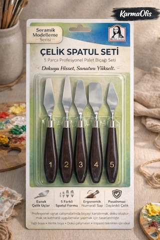 Çelik Spatul Seti 5 Parça Yağlı Boya Akrilik Boya Palet Bıçağı Krem