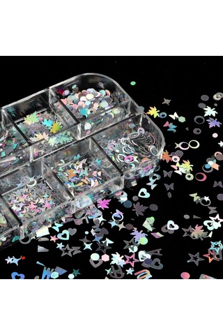 Holografik Gümüş Tırnak Süsleme Folyo Pulları Karışık Dizayn Kelebek Kalp Harfler Yıldızlar Nail Art