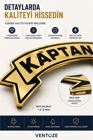 Kaptan Kendinden Yapışkanlı Pleksi Sticker Ayna Gold Araç Süsü Tır Kamyon Servis Aracı 21x10 Cm