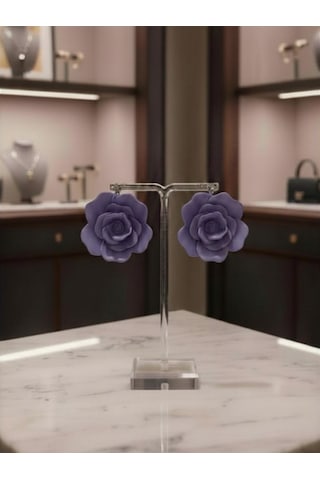 Kadın Küpe Büyük Lila Violet Gül Model - 6 Cm Minimalist Halka/çivili Gül Çiçek Küpe