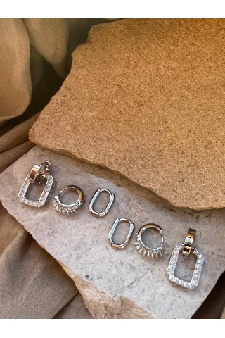 Gümüş Renkli Taşlı Altılı Küpe