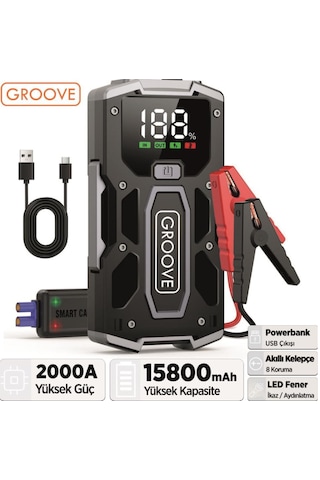 Groove M01 15800mah 2000a Akü Takviye Cihazı Taşınabilir Jump Starter Powerbank+Led Lamba+Lcd Ekran