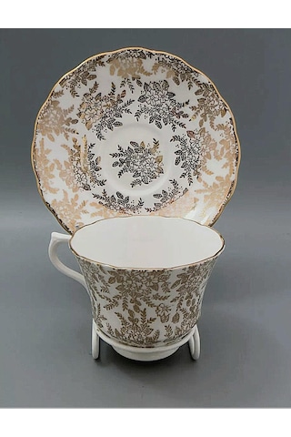 Vintage Porselen Çay Fincanı Ve Tabağı Seti, Altın Yaprak Desenli, Beyaz Ve Gri Çok Renkli