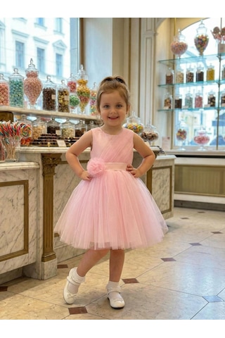 Butikhappykids Kız Çocuk Pembe Volanlı Tüllü Çiçek Detaylı Abiye Elbise 1-5 Yaş Pembe