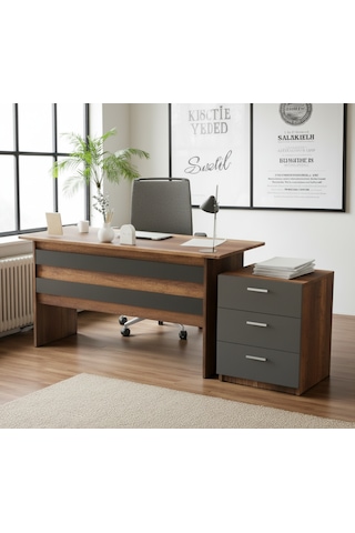 Robin Home Verona Ofis Çalışma Masası Ve 3 Çekmeceli Keson Takım Meşe-siyah Kahverengi