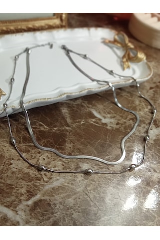 2'li Gümüş Renk Kararmaz Çelik Kolye Gümüş